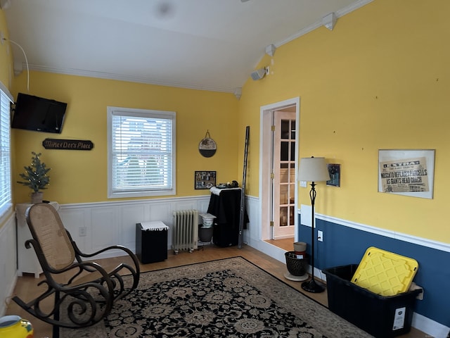 living area with crown molding, a wainscoted wall, vaulted ceiling, and radiator heating unit