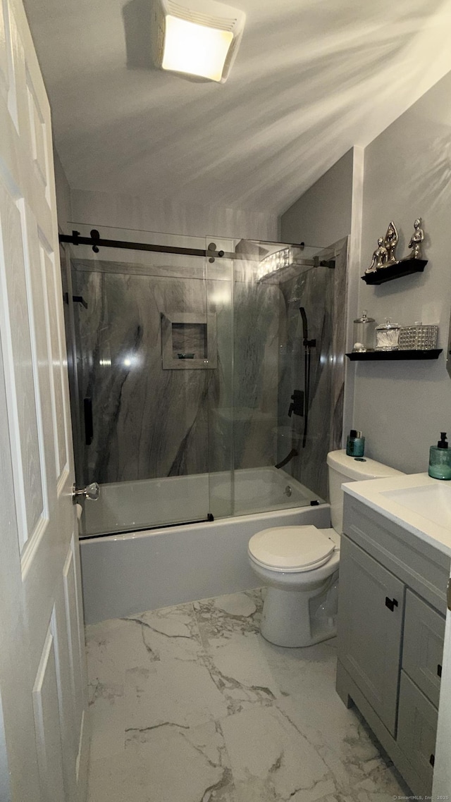 full bath featuring vanity, toilet, combined bath / shower with glass door, and marble finish floor