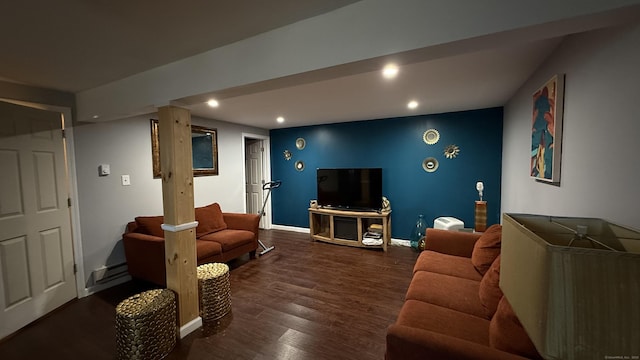 living area with recessed lighting, baseboards, and wood finished floors