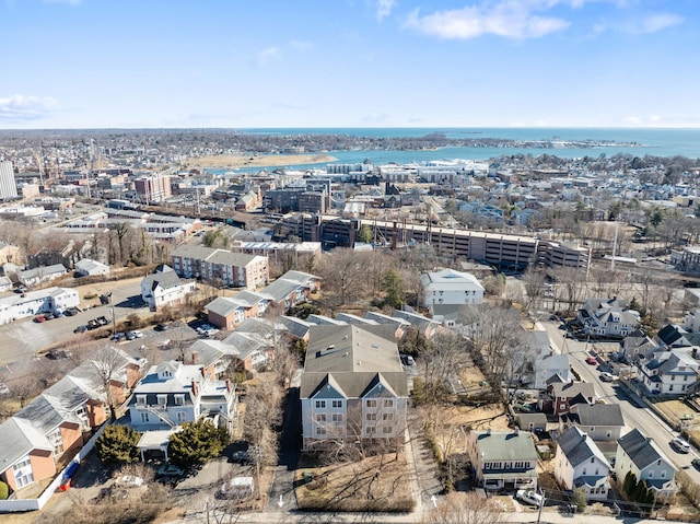 drone / aerial view with a water view