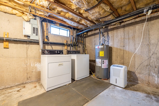 basement featuring washer and dryer, electric panel, and electric water heater