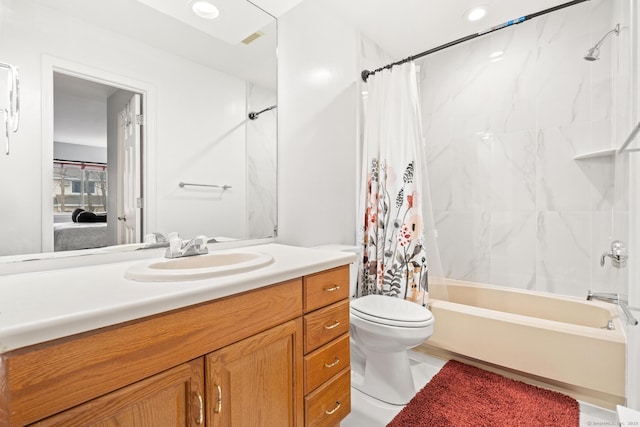 full bathroom with recessed lighting, vanity, toilet, and shower / tub combo with curtain