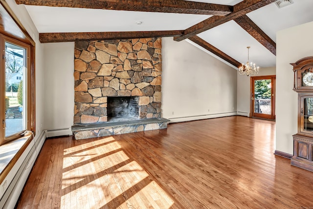 unfurnished living room featuring a baseboard radiator, visible vents, lofted ceiling with beams, baseboard heating, and a stone fireplace