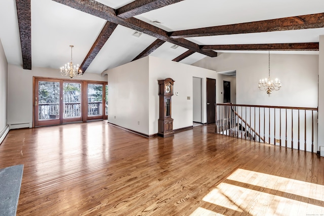 empty room with vaulted ceiling with beams, baseboards, wood finished floors, and an inviting chandelier