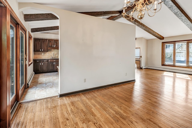 unfurnished room with lofted ceiling with beams, baseboards, a chandelier, and baseboard heating