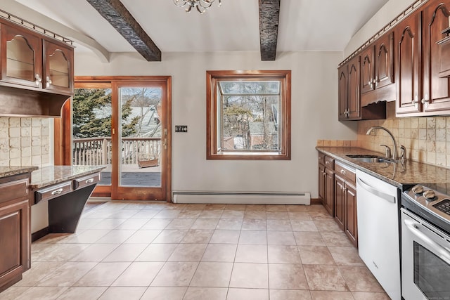 kitchen with stainless steel electric range oven, baseboard heating, a sink, light stone countertops, and dishwasher