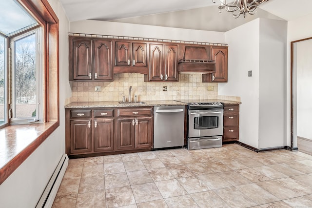 kitchen featuring a sink, stainless steel appliances, premium range hood, a baseboard heating unit, and backsplash