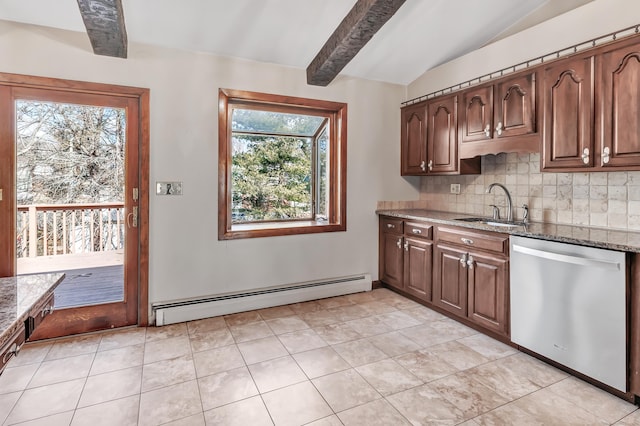 kitchen with vaulted ceiling with beams, light stone counters, a sink, baseboard heating, and dishwasher