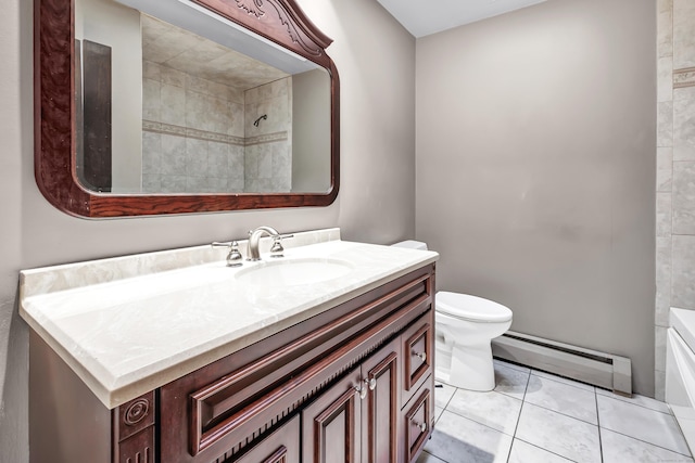 full bath with toilet, tile patterned floors, walk in shower, baseboard heating, and vanity