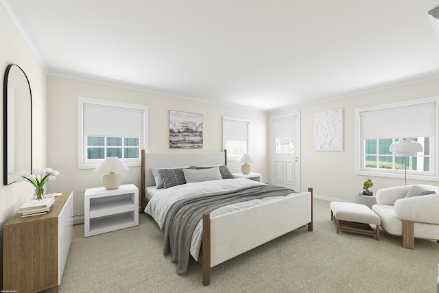 bedroom with baseboards, ornamental molding, and light colored carpet