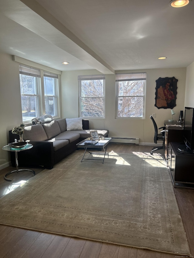 17 Blair St, Milford, CT 06460 - living area featuring baseboards, a baseboard heating unit, wood finished floors, and recessed lighting