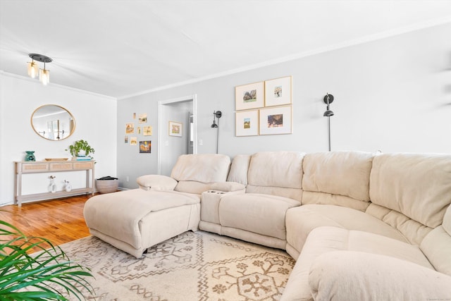 living room featuring ornamental molding and wood finished floors