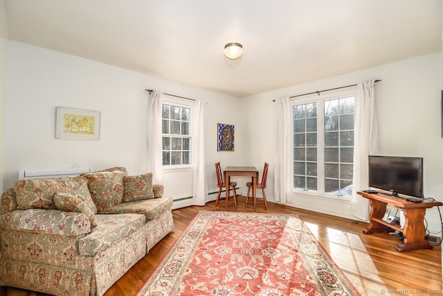 living area with a baseboard heating unit, wood finished floors, and a wealth of natural light