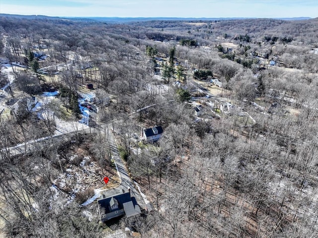 birds eye view of property featuring a forest view