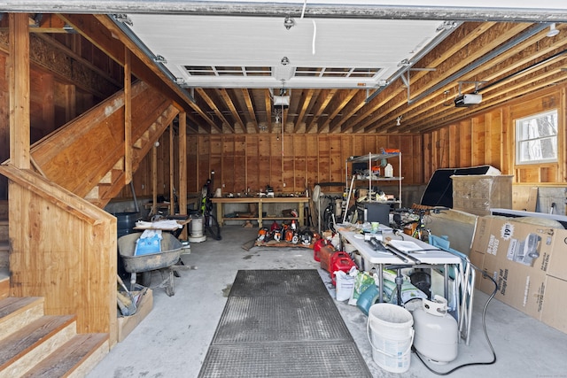 garage with a workshop area