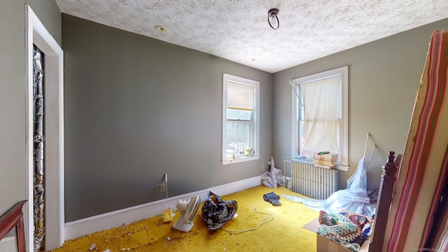 interior space featuring radiator, a textured ceiling, and baseboards