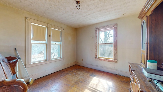 interior space featuring a textured ceiling, baseboards, and hardwood / wood-style floors