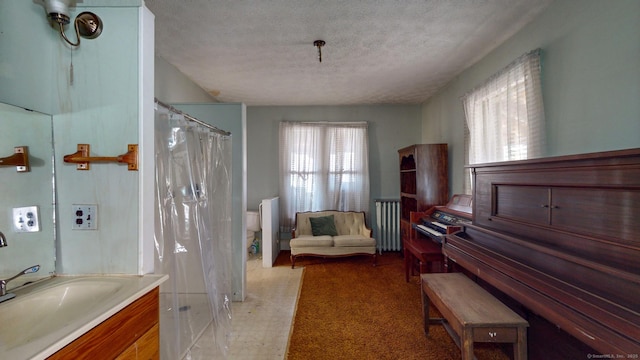 bathroom with a textured ceiling, plenty of natural light, vanity, and a shower with curtain