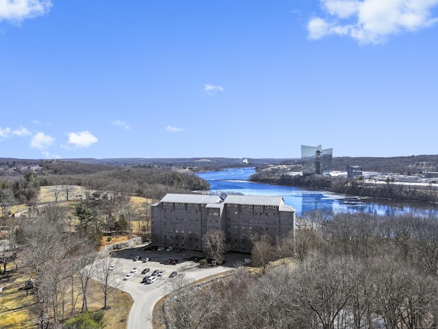 bird's eye view with a water view