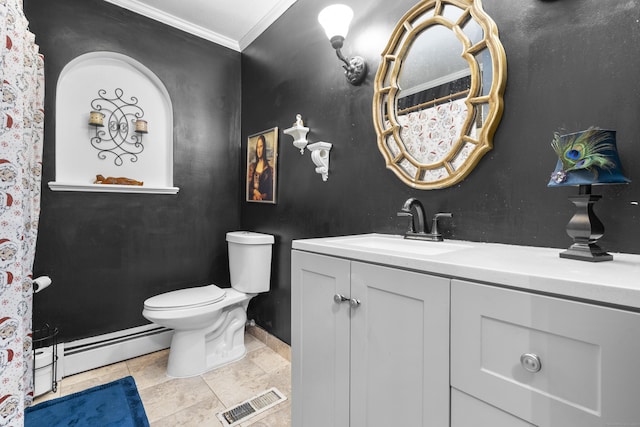 full bathroom with a baseboard radiator, visible vents, toilet, ornamental molding, and vanity