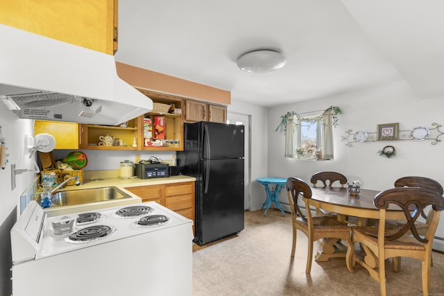 kitchen with white range with electric stovetop, open shelves, freestanding refrigerator, a sink, and under cabinet range hood