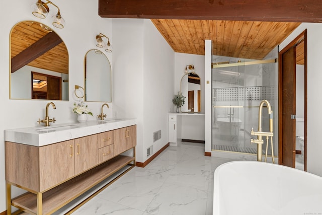 full bathroom with marble finish floor, wood ceiling, a sink, and a stall shower