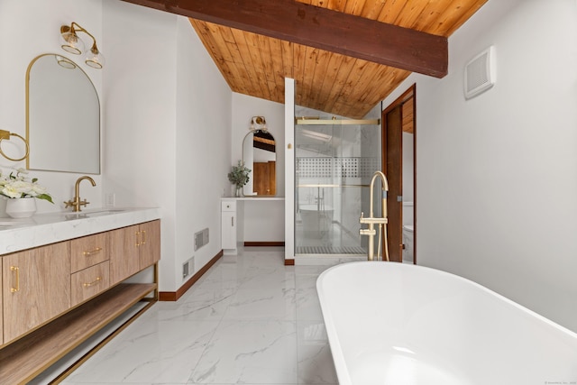 full bath featuring wood ceiling, visible vents, vanity, marble finish floor, and a stall shower