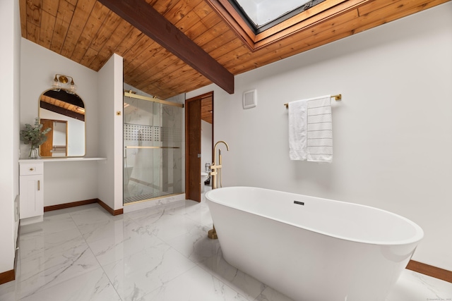 full bathroom with a stall shower, marble finish floor, wooden ceiling, and baseboards