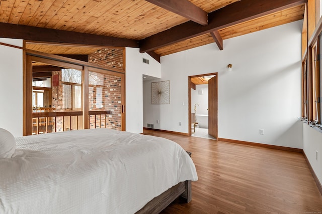 bedroom with baseboards, visible vents, wood ceiling, wood finished floors, and vaulted ceiling with beams