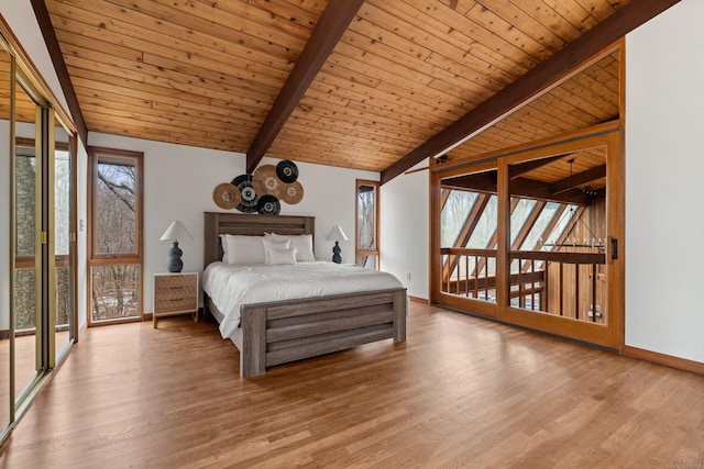 bedroom with vaulted ceiling with beams, wooden ceiling, baseboards, and wood finished floors