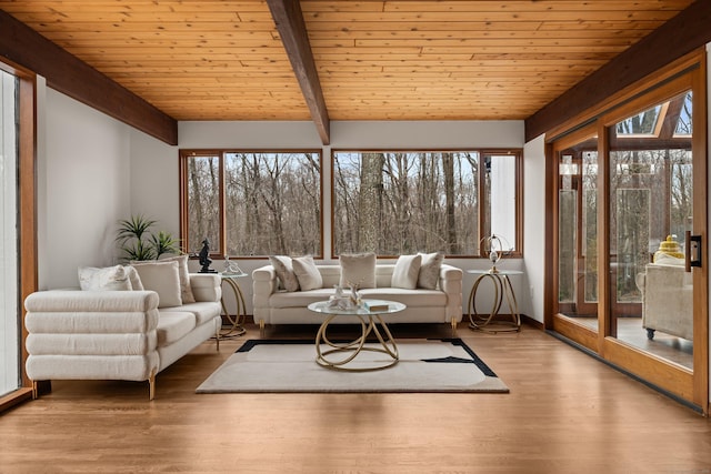 sunroom / solarium featuring wooden ceiling and beam ceiling