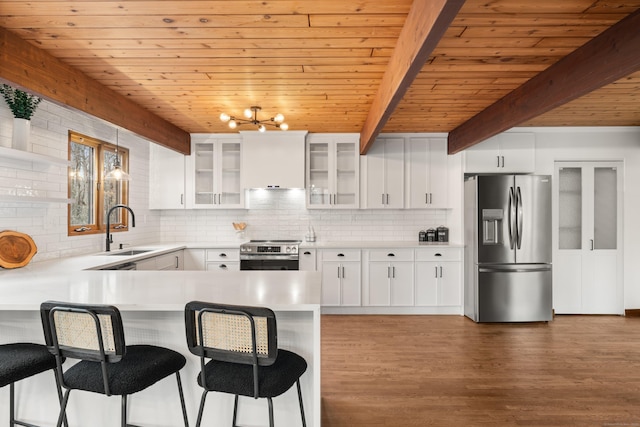 kitchen with a peninsula, stainless steel appliances, light countertops, premium range hood, and a sink