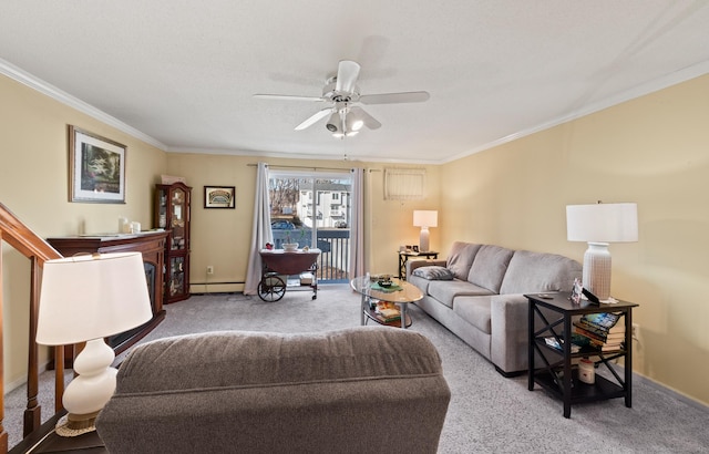 carpeted living room featuring ornamental molding, a baseboard heating unit, ceiling fan, and baseboards