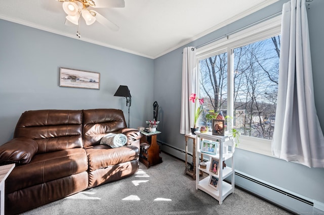 living room with carpet floors, a baseboard heating unit, crown molding, and baseboard heating