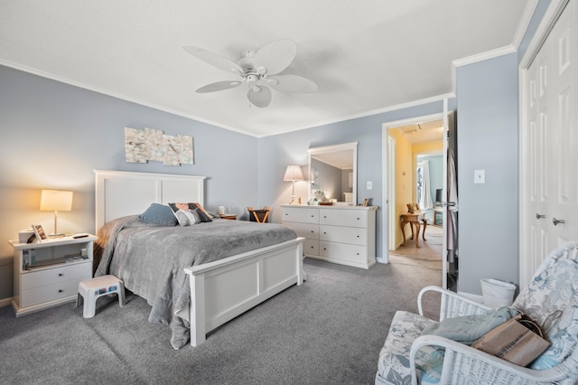 bedroom with light colored carpet, a ceiling fan, ornamental molding, a closet, and attic access