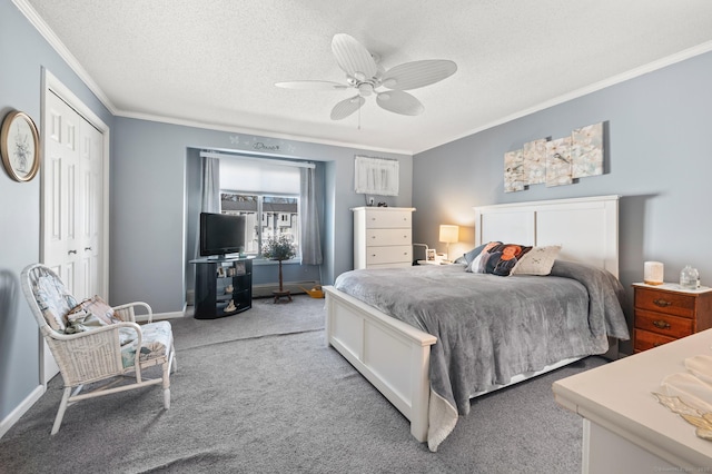 bedroom featuring crown molding, a ceiling fan, light carpet, a textured ceiling, and baseboards