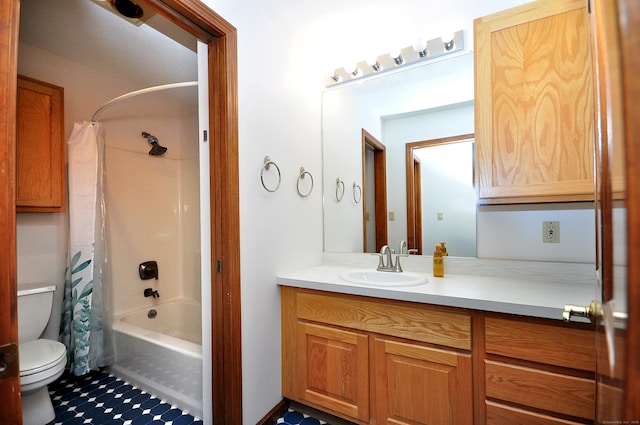 bathroom featuring toilet, shower / tub combo, and vanity