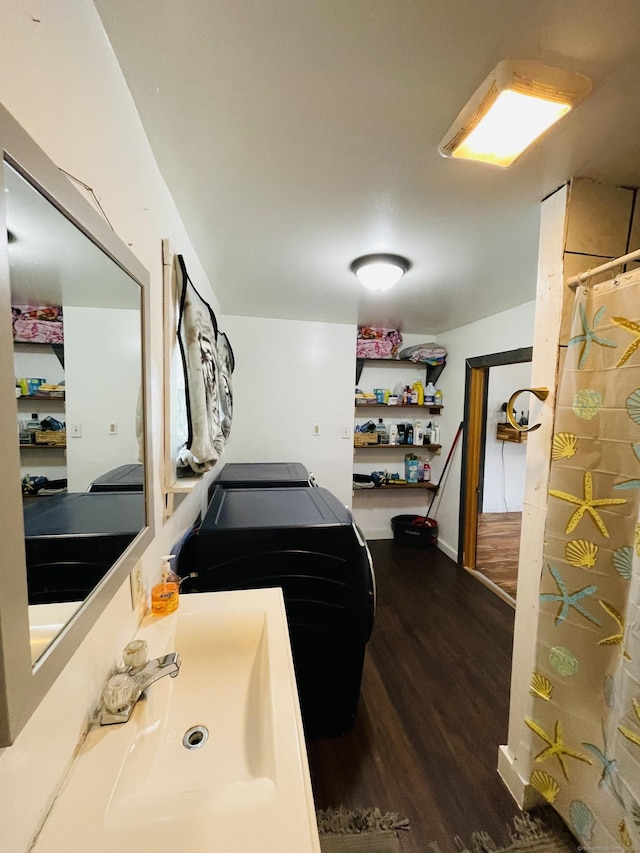 670 Wauregan Rd, Brooklyn, CT 06234 - bathroom with wood finished floors, a sink, and curtained shower