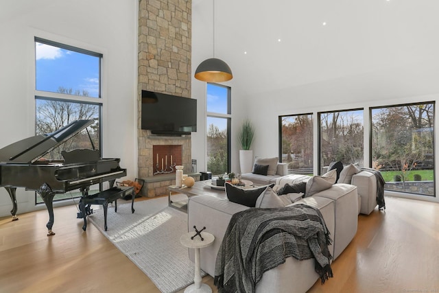 living area featuring a high ceiling, a fireplace, and wood finished floors