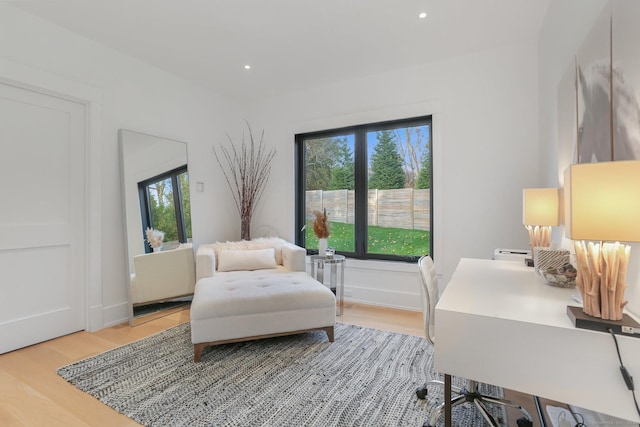 living area with light wood-type flooring, a wealth of natural light, and recessed lighting