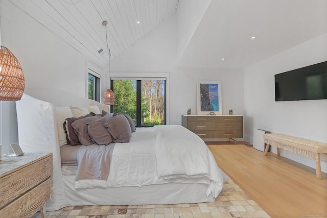 bedroom featuring wood ceiling, high vaulted ceiling, light wood-style flooring, and recessed lighting