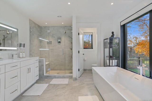 full bathroom featuring toilet, a freestanding bath, vanity, a shower stall, and recessed lighting