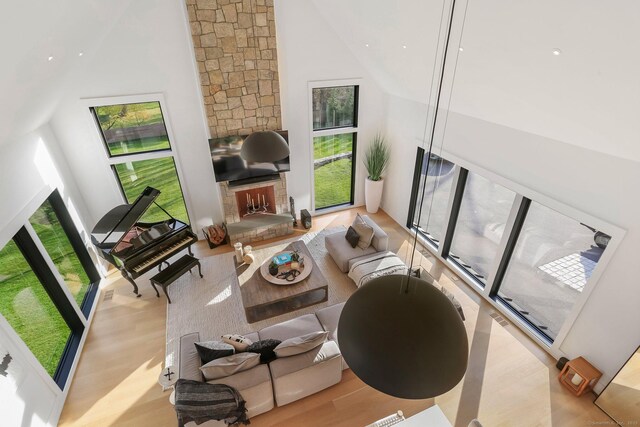 living area with a high ceiling, a fireplace, and wood finished floors