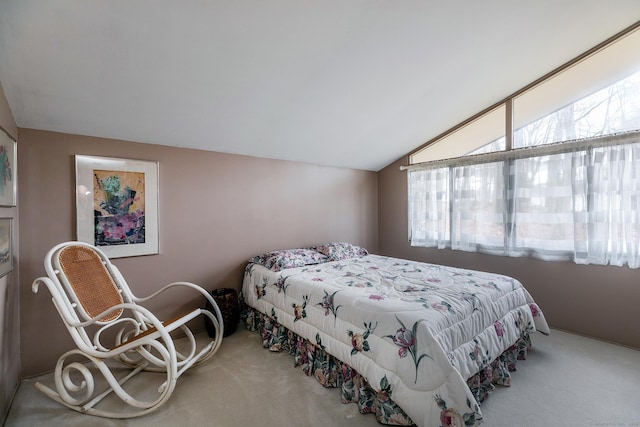 bedroom featuring carpet floors and lofted ceiling