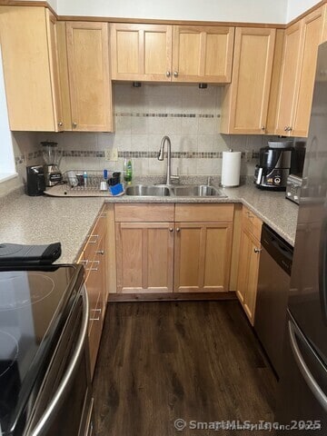 kitchen with dark wood-style floors, backsplash, stainless steel dishwasher, freestanding refrigerator, and a sink