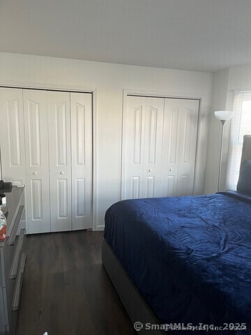 bedroom with dark wood-style flooring and multiple closets