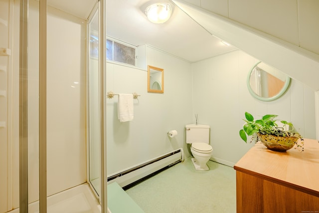 full bath with toilet, a baseboard radiator, vanity, and a shower stall