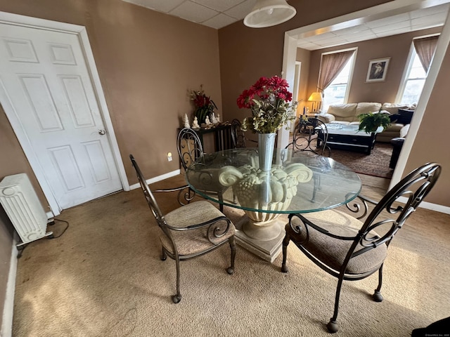 dining space featuring carpet, baseboards, and a drop ceiling