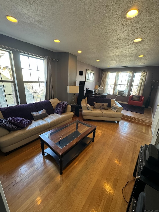 living area featuring a textured ceiling, wood finished floors, and a healthy amount of sunlight