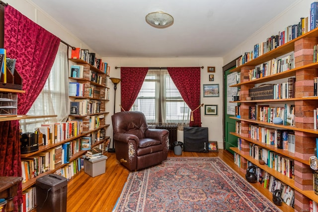 living area featuring radiator, bookshelves, and wood finished floors